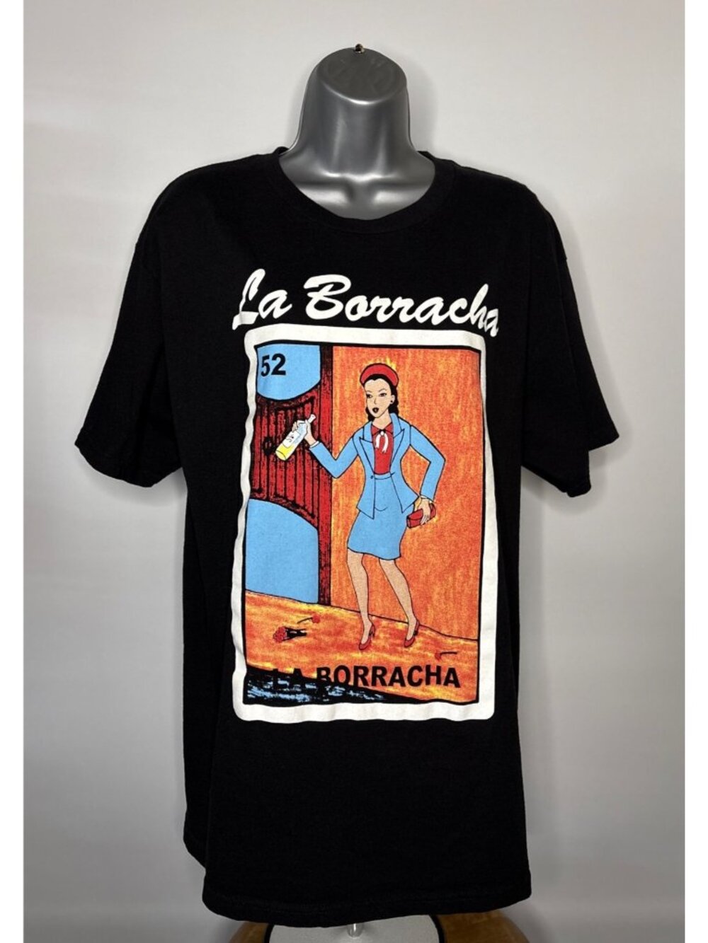 La Borracha Mexican Bingo Loteria Drunk Woman #52 Black T-Shirt Drinking Beer L